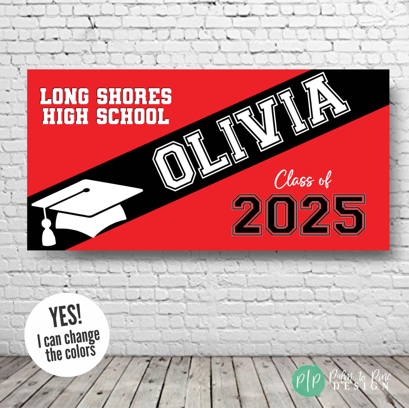 graduation party banner with school name, graduate and class of 2025 includes a mortar board