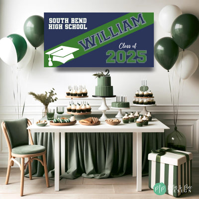 Bold graduation banner with stripe, school colors, graduation cap, and custom text reads high school name, graduates Name, Class of 2025 featured at a graduation party in front of a green and navy dessert table