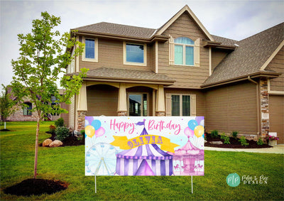 girls pink and purple personalized birthday carnival sign