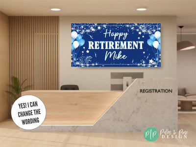 personalized retirement banner for office with balloons, stars and confetti