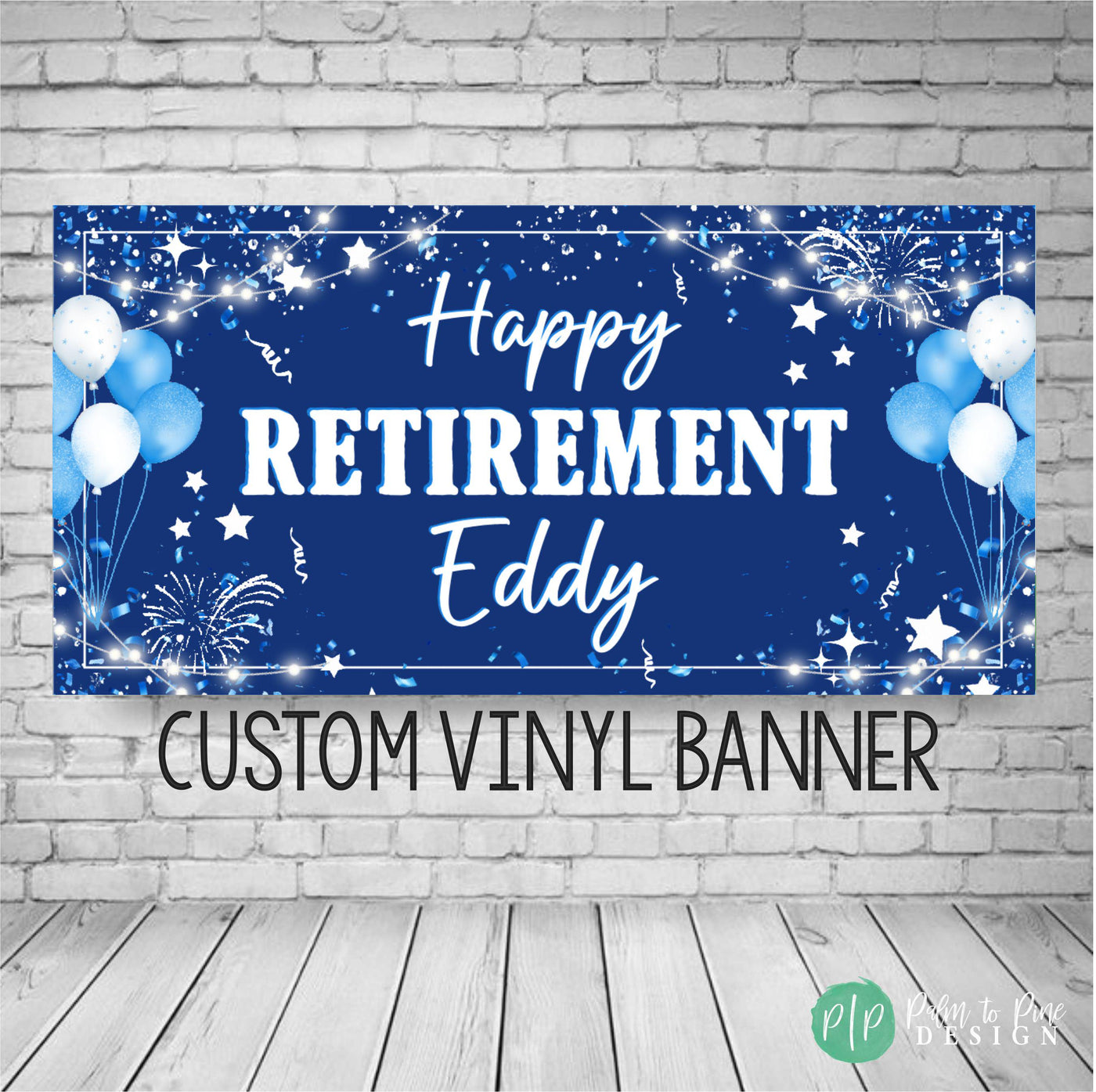 personalized retirement celebration banner with blue balloons, confetti and stars