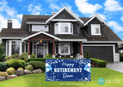 custom retirement celebration banner with blue balloons, confetti and stars