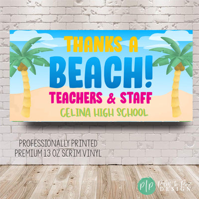 personalized beach themed teacher appreciation week sign with palm trees and beach clipart