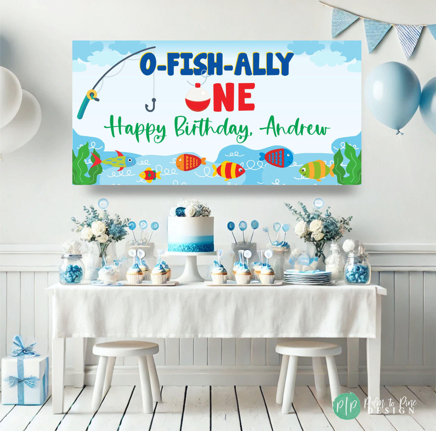 O-Fish-Ally One Birthday Party decoration with personalized banner for kids