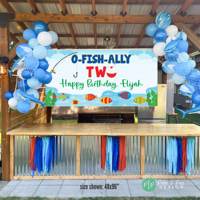 O-Fish-Ally Two Second Birthday Party Decorations for kids party with underwater theme and blue balloon garland