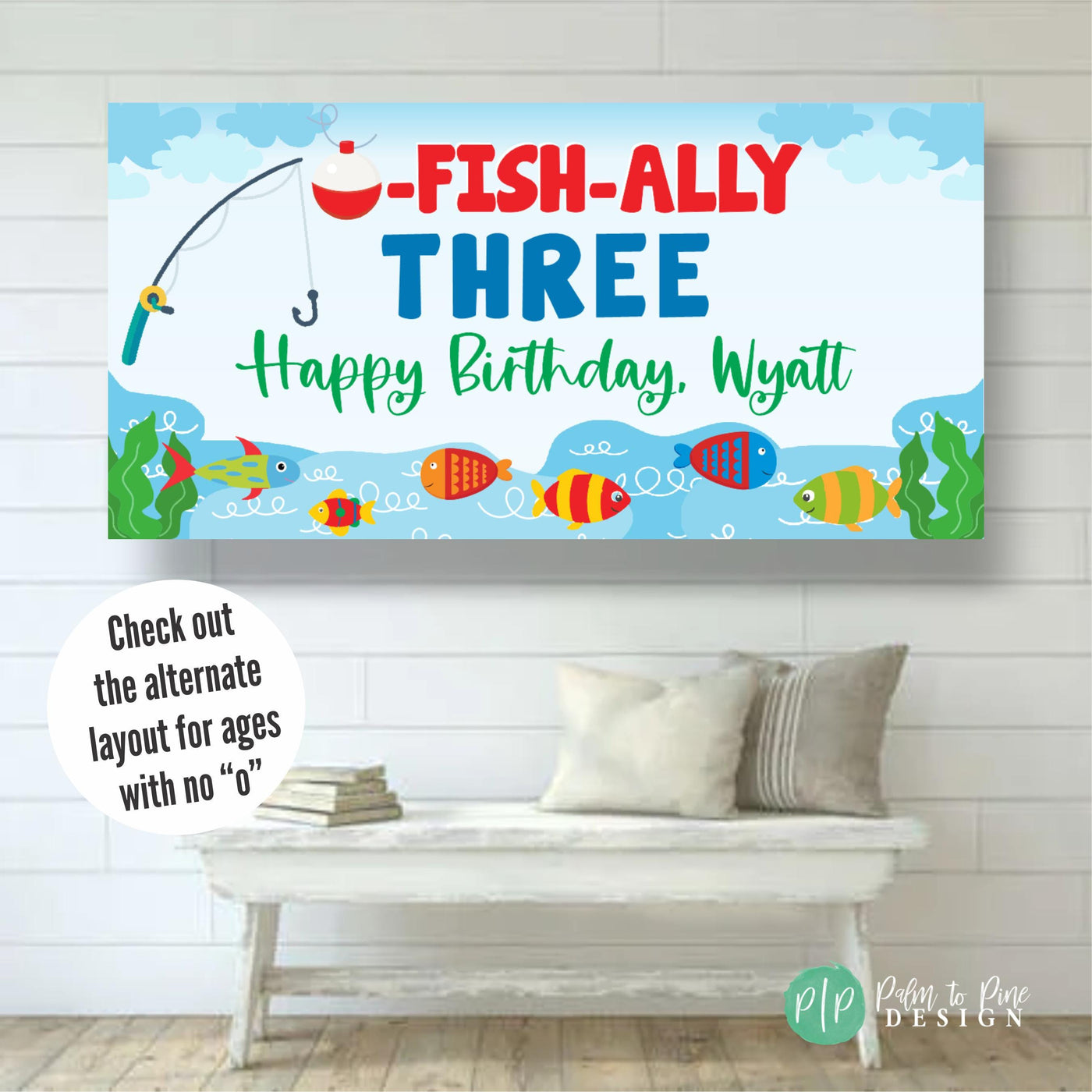 Gone Fishing Theme Birthday Party Banner for kids with fishing rod, bobber and colorful simple fish in cute design