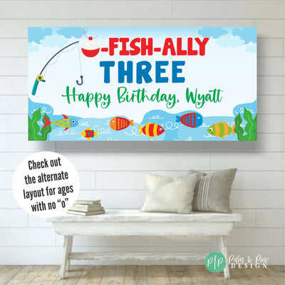 Gone Fishing Theme Birthday Party Banner for kids with fishing rod, bobber and colorful simple fish in cute design