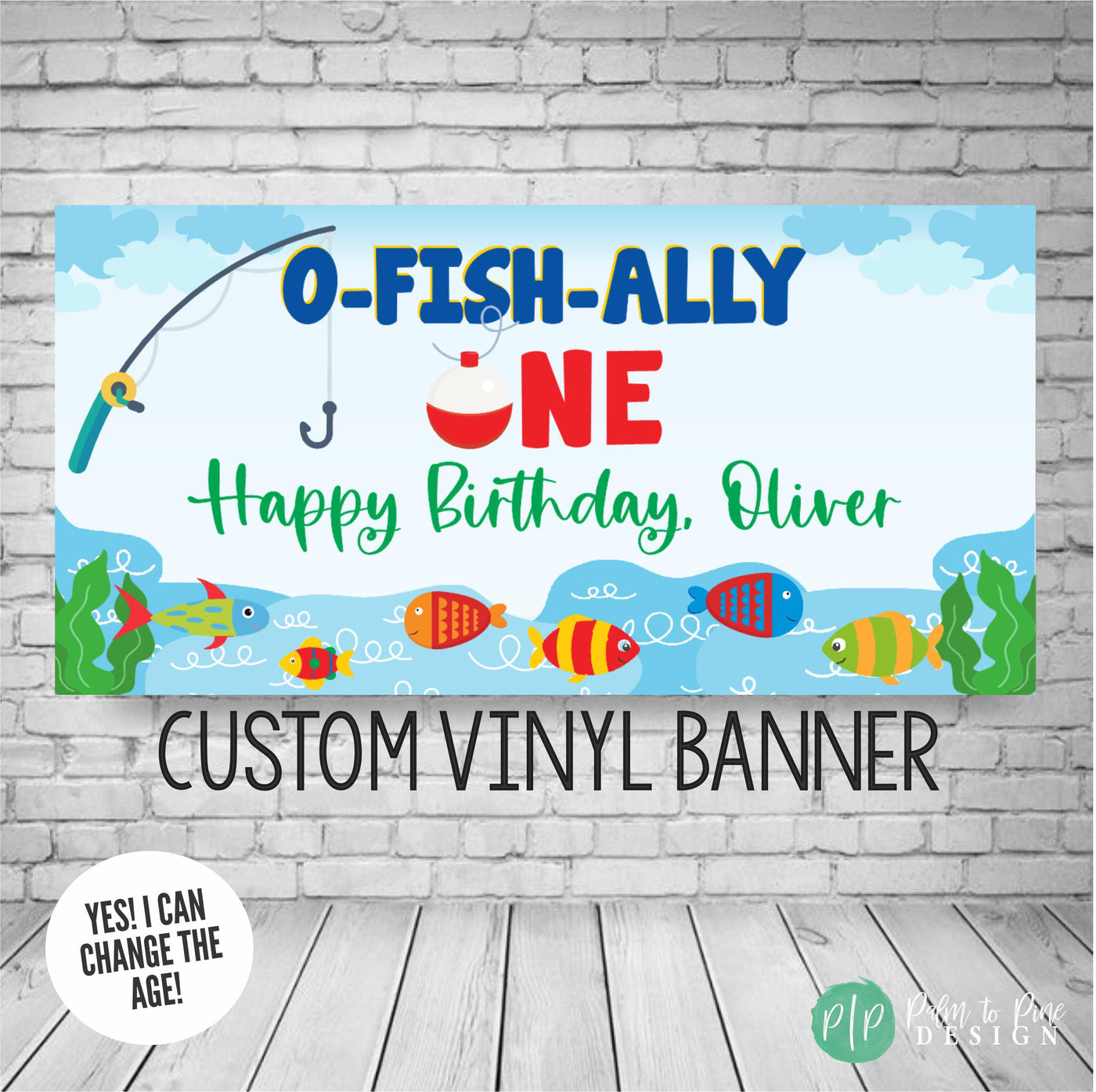 Boys O-Fish-Ally One Birthday Banner with cute colorful fish and fishing reel with water and a bobber