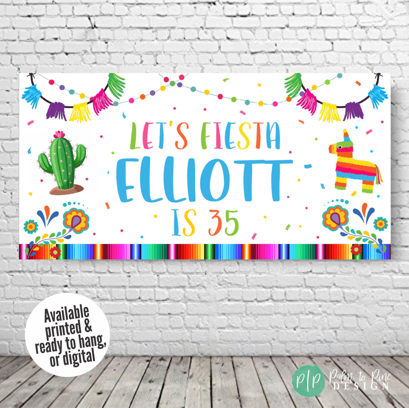 custom fiesta birthday banner with pinata, cactus and bright color clipart