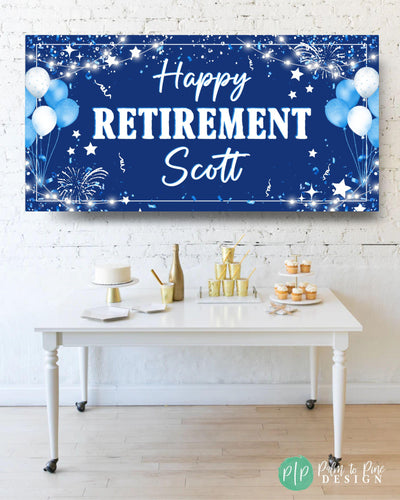 retirement celebration banner for man or woman personalized with name, confetti, balloons and stars