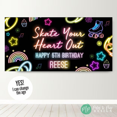 girls roller skating personalized birthday sign with a black background and neon clipart