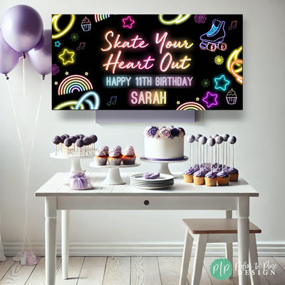 teen girl skate your heart out birthday banner for roller skating party