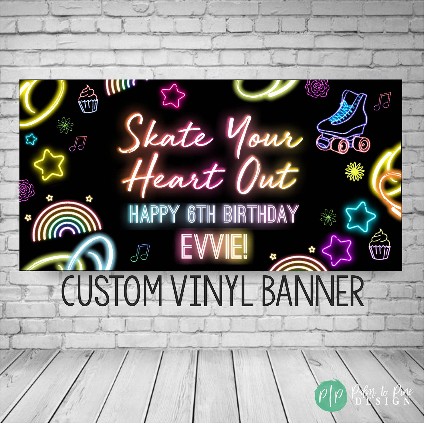 personalized neon girls birthday roller skating banner