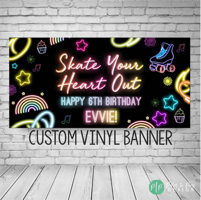 personalized neon girls birthday roller skating banner