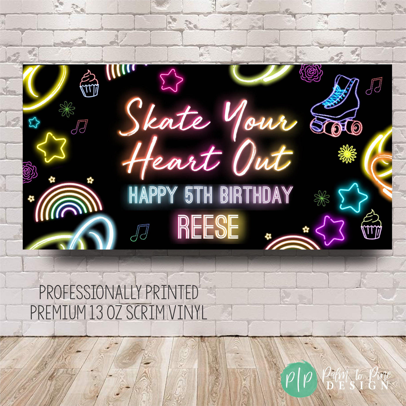 tween girls roller skating birthday neon sign with retro clipart