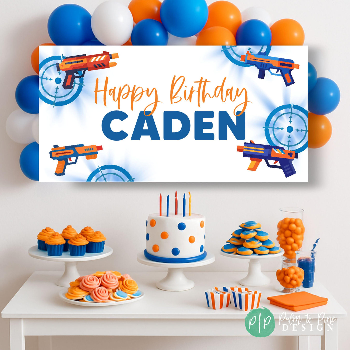 dart blaster party with personalized birthday banner and balloon garland in orange and blue