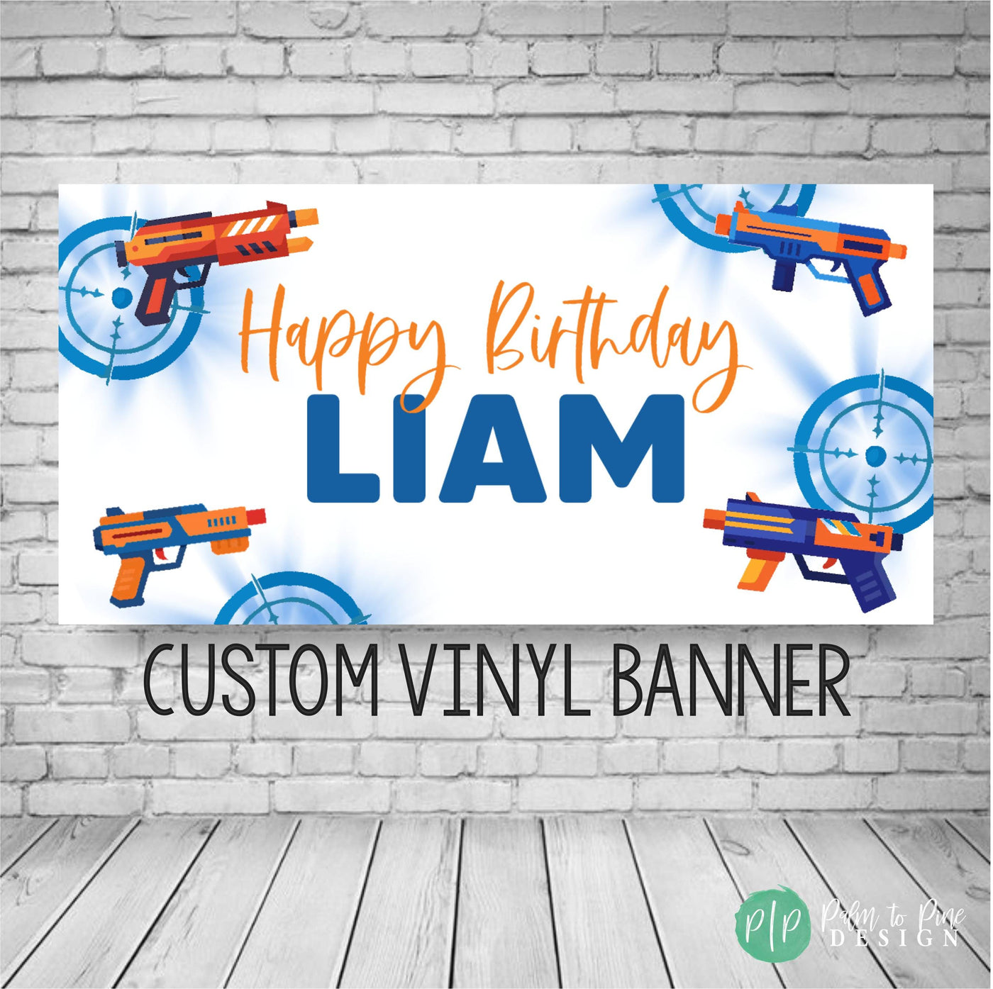 Dart Blaster Birthday Party Banner for boys with blue and orange color scheme