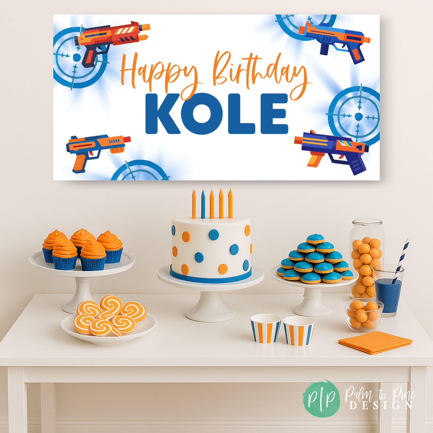 custom birthday banner with toy blaster gun theme