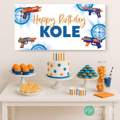 custom birthday banner with toy blaster gun theme
