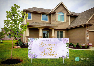 Floral birthday banner featuring delicate watercolor lilacs in a light purple color scheme for her