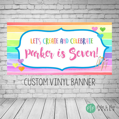 Paint Party Birthday Banner in watercolor design with paint brushes and pastel rainbow