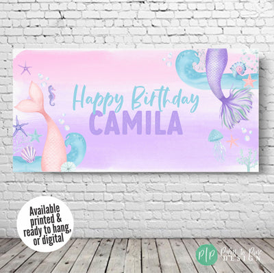 pink and purple watercolor mermaid birthday party custom banner