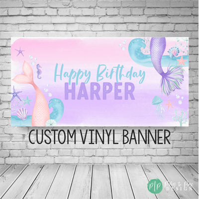 under the sea mermaid watercolor pink and purple birthday banner