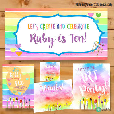 Watercolor-style paint birthday banner in soft pastel rainbow with paintbrush illustrations, perfect for an art party.