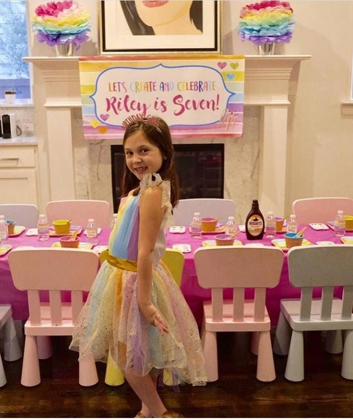 Personalized kids birthday banner with pastel paint strokes, watercolor design, and paintbrush accents for a paint-themed girls birthday