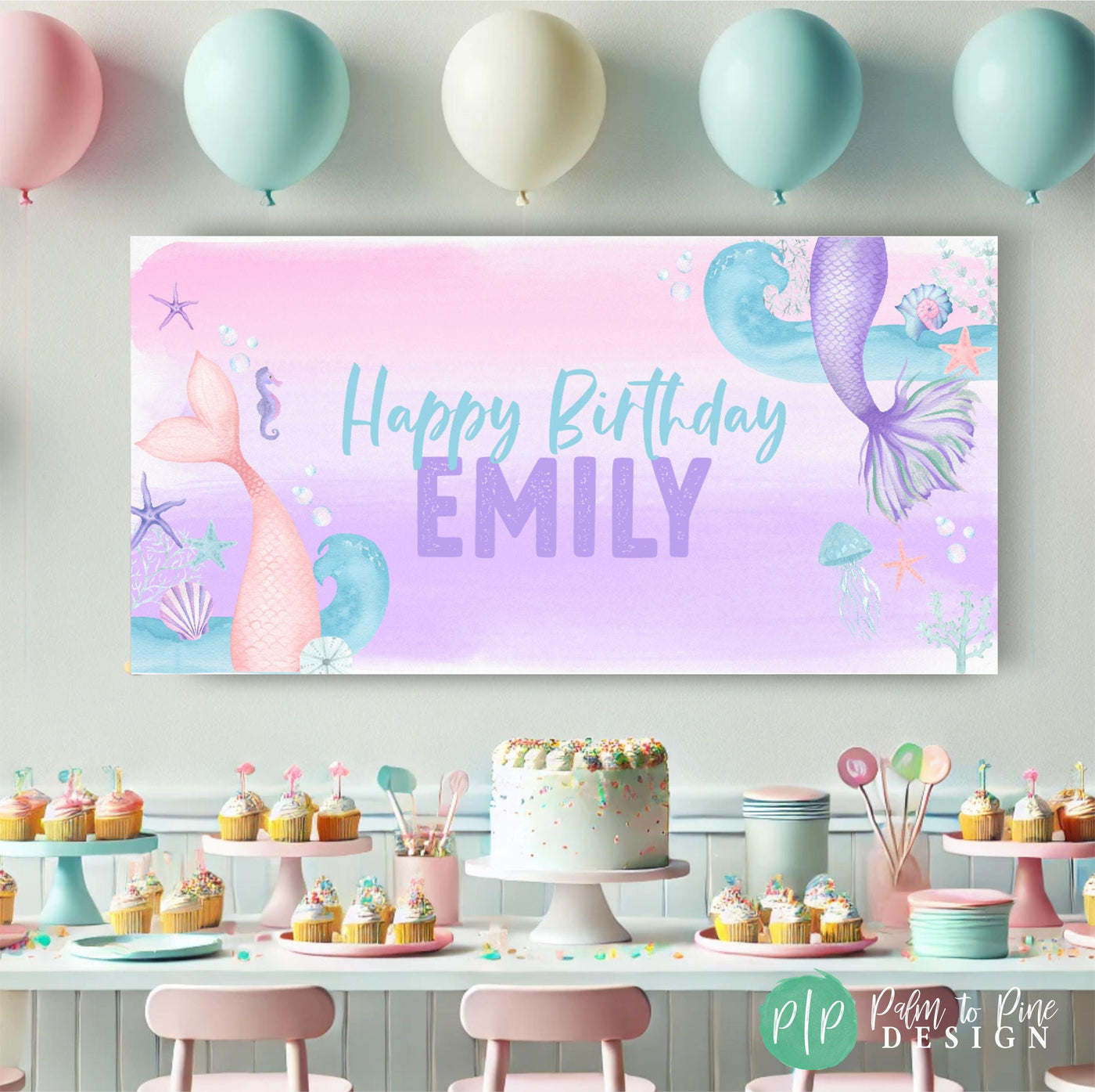 pink and purple watercolor mermaid birthday banner for girls
