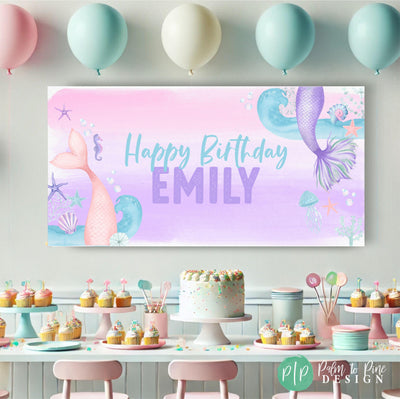 pink and purple watercolor mermaid birthday banner for girls