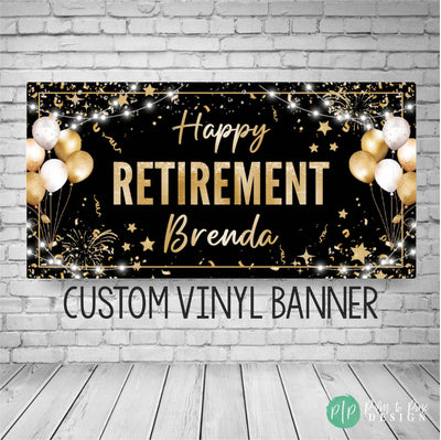 black and gold personalized retirement banner with balloons and confetti