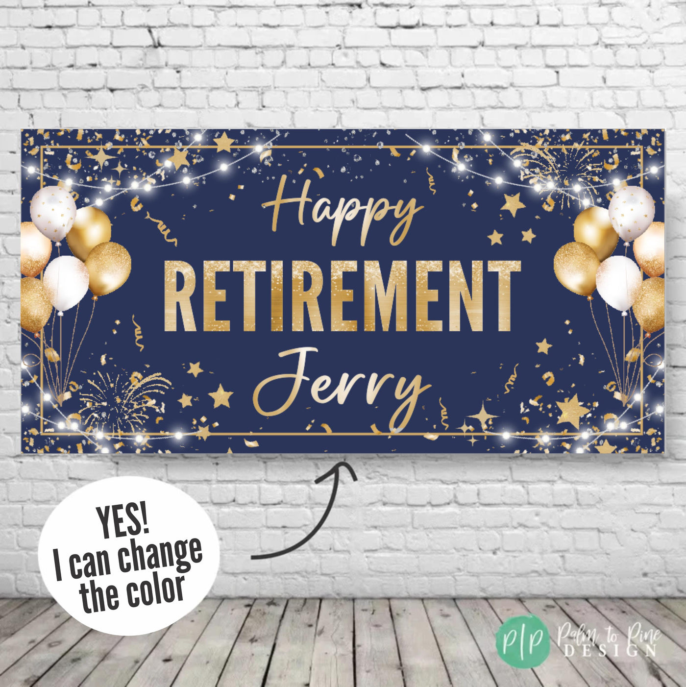 custom retirement banner with a navy blue background and white, gold and silver confetti, stars and balloons