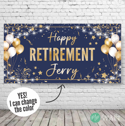 custom retirement banner with a navy blue background and white, gold and silver confetti, stars and balloons