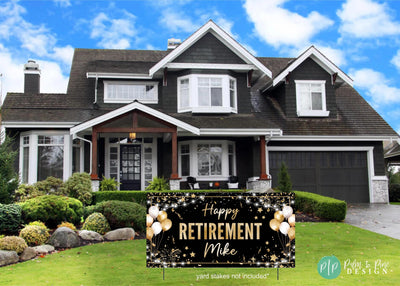 black and gold personalized retirement party sign with balloons, confetti and stars