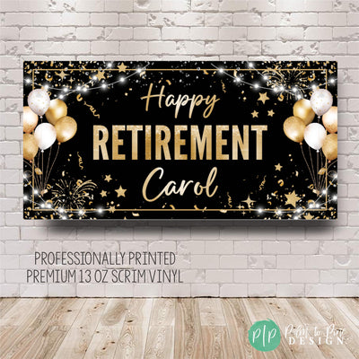 personalized black and gold retirement sign with balloons and confetti