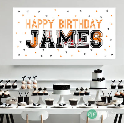 personalized basketball birthday banner for dessert table at birthday party
