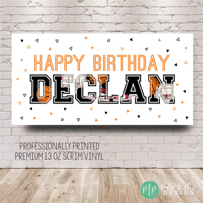 custom basketball birthday banner with orange and black writing and basketball clipart