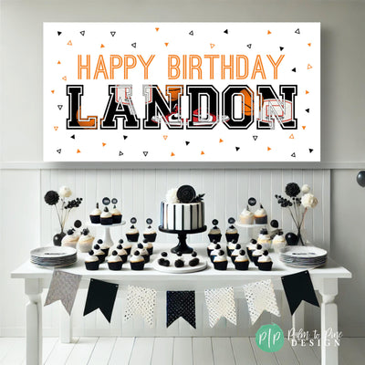 personalized black and orange birthday themed basketball banner