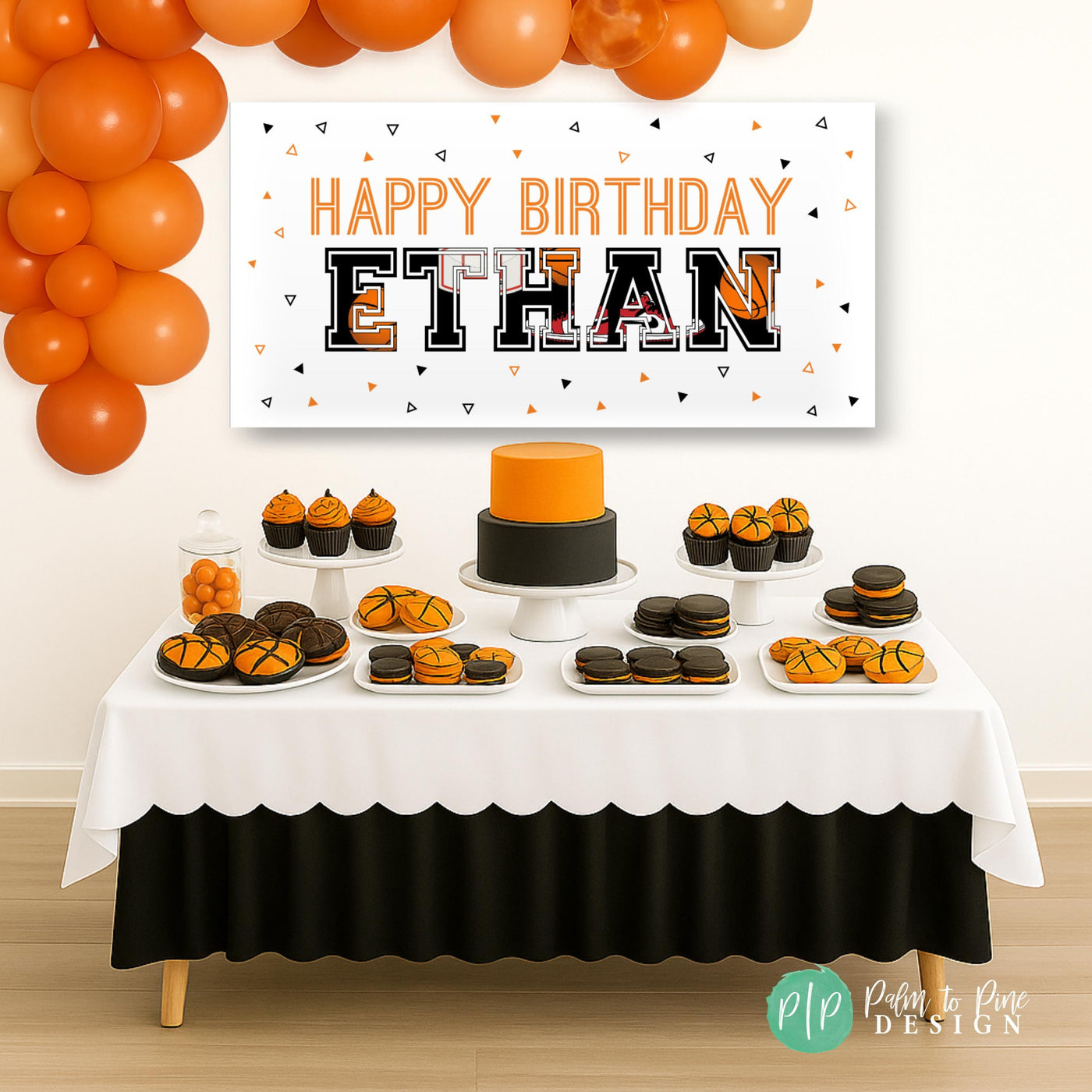 basketball birthday party banner with basketball clipart and black and orange color theme