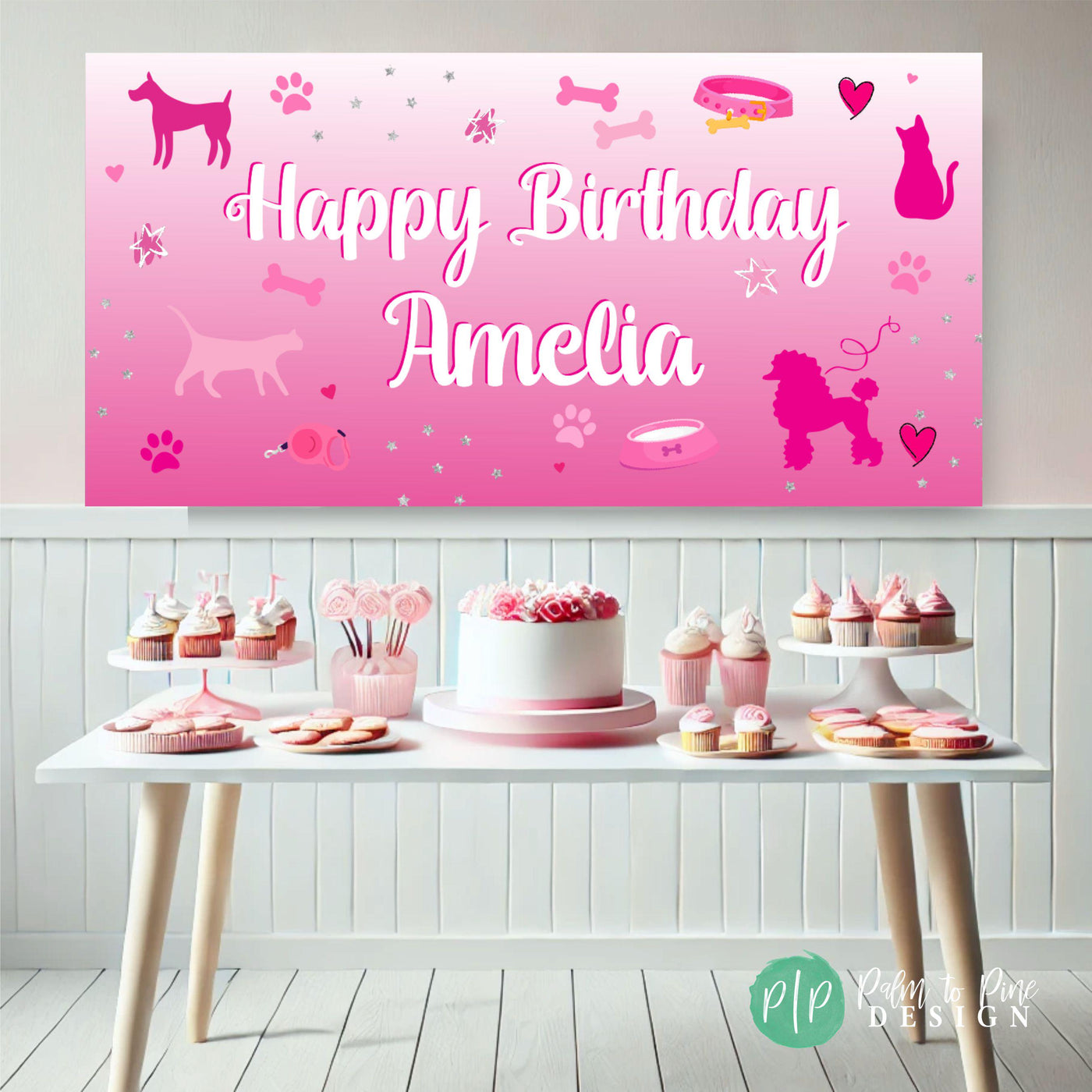hot pink custom girls birthday backdrop perfect for a dessert table with animal clipart