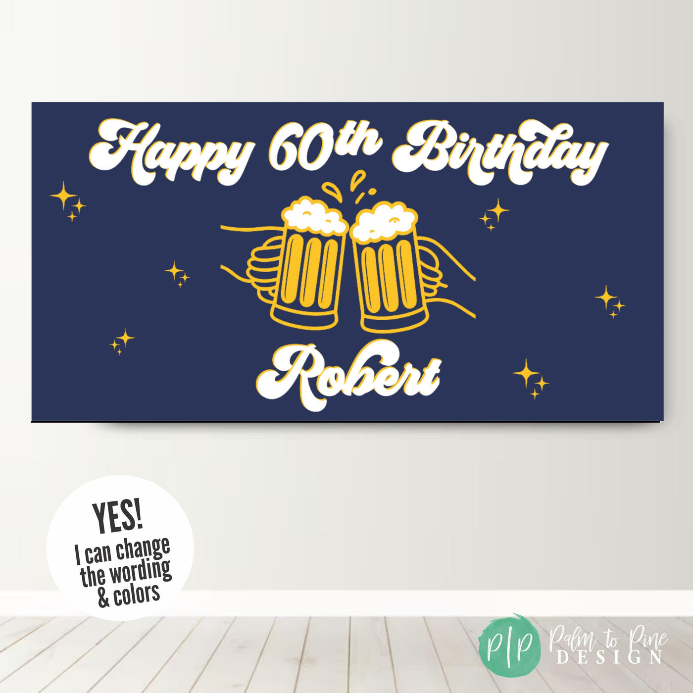 Gold and navy blue beer-themed Happy Birthday banner for 60th birthday with clinking mugs and stars for a men’s adult birthday party