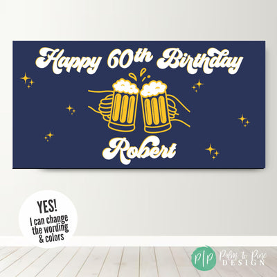 Gold and navy blue beer-themed Happy Birthday banner for 60th birthday with clinking mugs and stars for a men’s adult birthday party