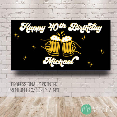 Black and gold Cheers and Beers birthday banner with two clinking beer mugs, white script text reading Happy 50th Birthday Christopher, surrounded by gold star accents.