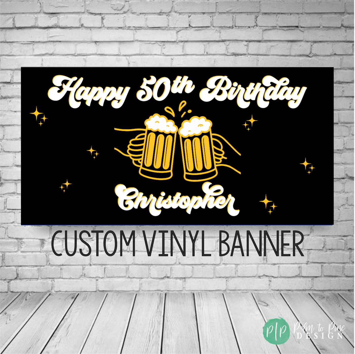 cheers and beers birthday banner with black background and gold beer mugs cheering, includes personalized Happy Birthday and name