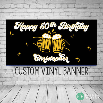 cheers and beers birthday banner with black background and gold beer mugs cheering, includes personalized Happy Birthday and name