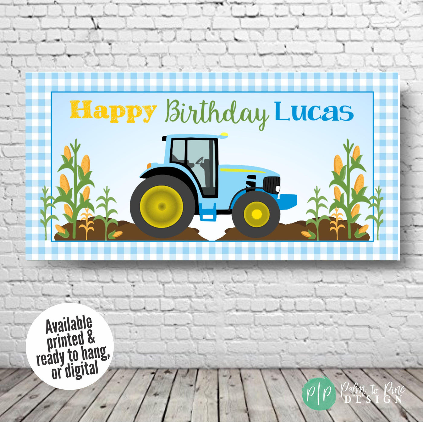 Blue and yellow tractor baby shower banner with gingham border and golden wheat for boys birthday, personalized with name