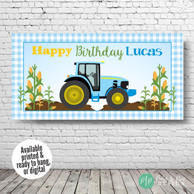 Blue and yellow tractor baby shower banner with gingham border and golden wheat for boys birthday, personalized with name