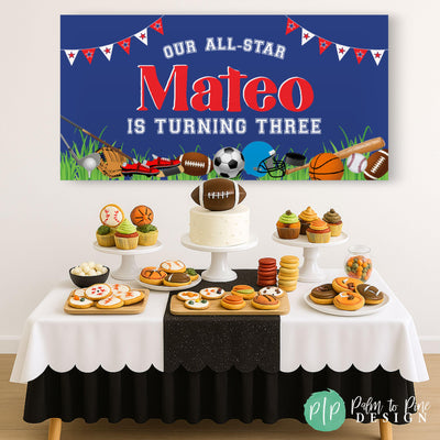 Sports-themed All-Star birthday banner with custom name and age displayed as a backdrop behind a dessert table at a kids’ party