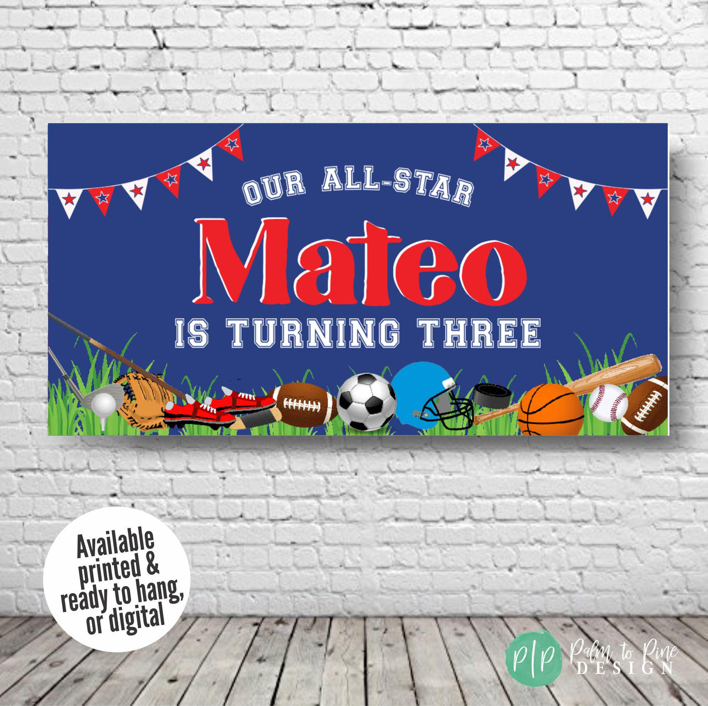All-Star sports party banner with custom name and age in sports fonts